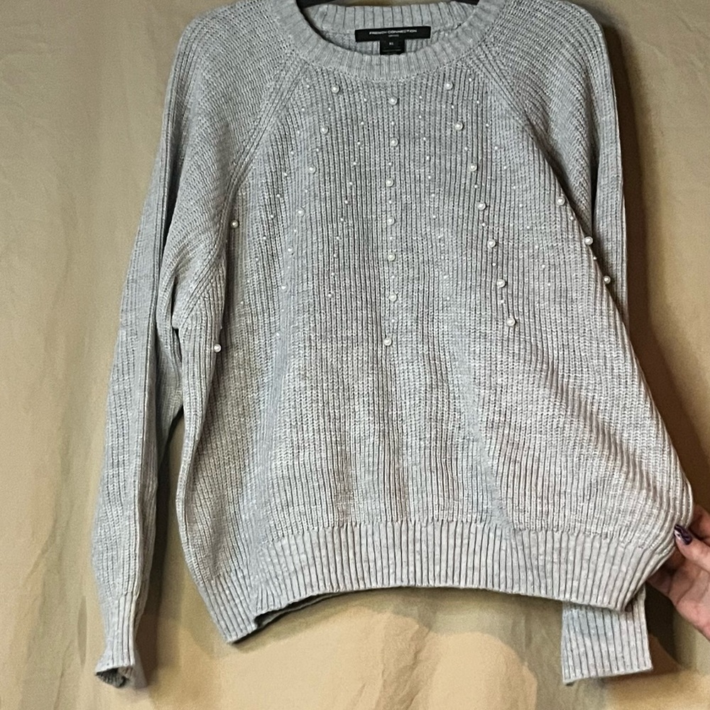 French Connection Gray Sweater with Pearl Accents